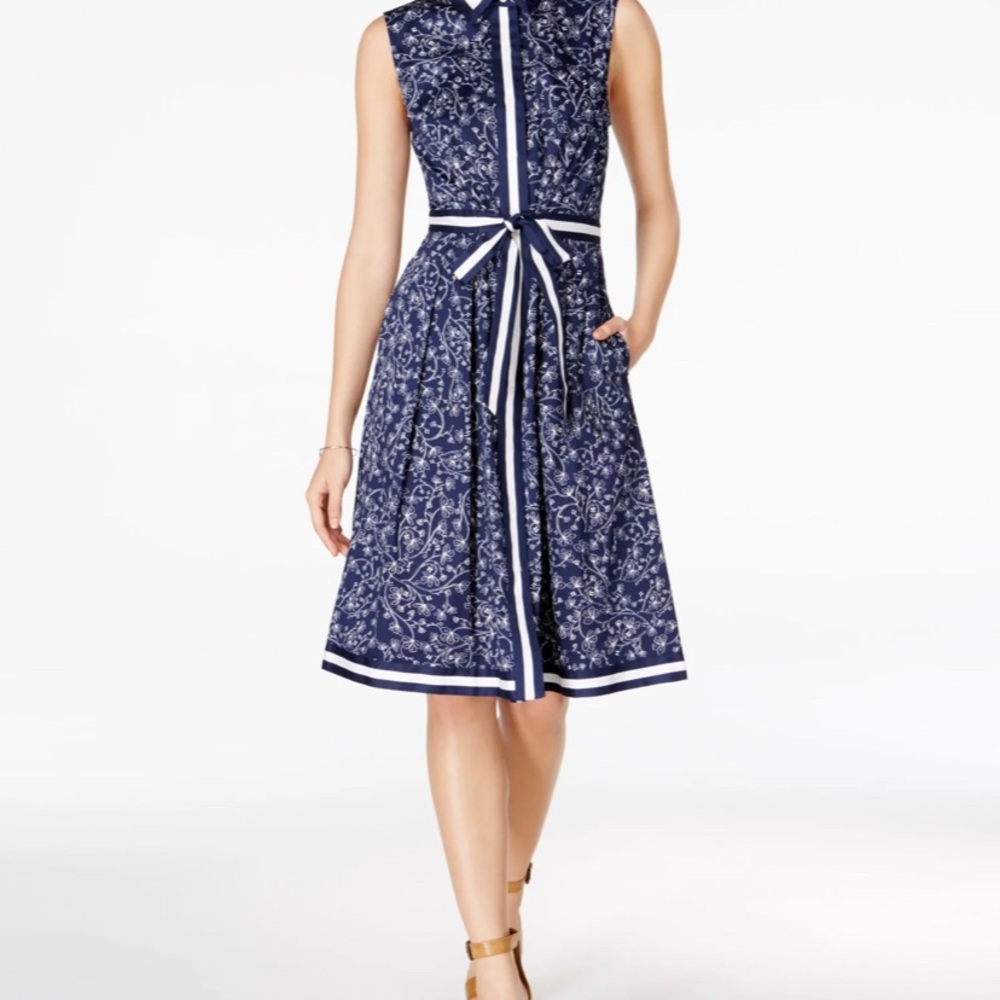 Maison Jules Navy and White Patterned Midi Dress